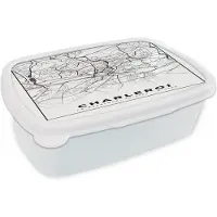 MuchoWow Broodtrommel Wit - Lunchbox - Brooddoos - Plattegrond – Charleroi – Zwart Wit – Stadskaart - Kaart - België - 18x12x6 cm - Volwassenen