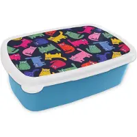 MuchoWow Broodtrommel Blauw - Lunchbox - Brooddoos - Patronen - Kat - Regenboog - Roze - Meisjes - Kinderen - Kindje - 18x12x6 cm - Kinderen - Jongen