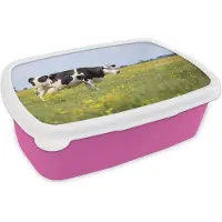 MuchoWow Broodtrommel Roze - Lunchbox - Brooddoos - Koe - Gras - Bloemen - 18x12x6 cm - Kinderen - Meisje