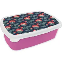 MuchoWow Broodtrommel Roze - Lunchbox - Brooddoos - Design - Bloemen - Rood - 18x12x6 cm - Kinderen - Meisje