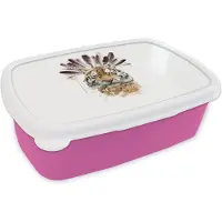 MuchoWow Broodtrommel Roze - Lunchbox - Brooddoos - Tijger - Kop - Veren - 18x12x6 cm - Kinderen - Meisje