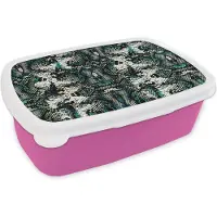MuchoWow Broodtrommel Roze - Lunchbox Dierenprint - Wit - Zwart - Turquoise - Brooddoos 18x12x6 cm - Brood lunch box - Broodtrommels voor kinderen en volwassenen