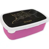 MuchoWow Broodtrommel Roze - Lunchbox - Brooddoos - Kaart - Hoorn - Zwart - Goud - 18x12x6 cm - Kinderen - Meisje