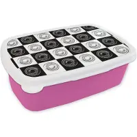 MuchoWow Broodtrommel Roze - Lunchbox Patronen - Schaakbord - Zwart Wit - Brooddoos 18x12x6 cm - Brood lunch box - Broodtrommels voor kinderen en volwassenen