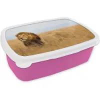 MuchoWow Broodtrommel Roze - Lunchbox - Brooddoos - Leeuwen - Gras - Afrika - 18x12x6 cm - Kinderen - Meisje