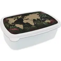 MuchoWow Broodtrommel Wit - Lunchbox - Brooddoos - Wereldkaart - Bruin - Tropische planten - 18x12x6 cm - Volwassenen