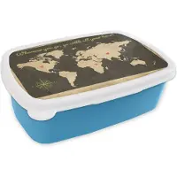 MuchoWow Broodtrommel Blauw - Lunchbox - Brooddoos - Wereldkaart - Quote - Kompasroos - 18x12x6 cm - Kinderen - Jongen