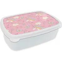 MuchoWow Broodtrommel Wit - Lunchbox - Brooddoos - Unicorn - Roze - Patronen - Kind - 18x12x6 cm - Volwassenen