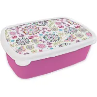 MuchoWow Broodtrommel Roze - Lunchbox - Brooddoos - Regenboog - Bloemen - Vlinder - Design - 18x12x6 cm - Kinderen - Meisje