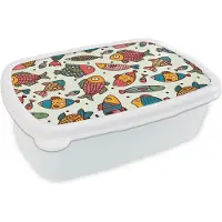 MuchoWow Broodtrommel Wit - Lunchbox - Brooddoos - Patroon - Zee - Vis - Zeedieren - 18x12x6 cm - Volwassenen
