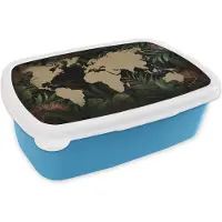 MuchoWow Broodtrommel Blauw - Lunchbox - Brooddoos - Wereldkaart - Bladeren - Bloemen - 18x12x6 cm - Kinderen - Jongen