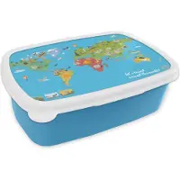 MuchoWow Broodtrommel Blauw - Lunchbox - Brooddoos - Wereldkaart Kinderen - Modern - Symbolen - 18x12x6 cm - Kinderen - Jongen