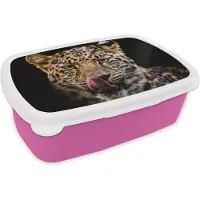 MuchoWow Broodtrommel Roze - Lunchbox - Brooddoos - Luipaard - Zwart - Close up - 18x12x6 cm - Kinderen - Meisje