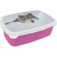 MuchoWow Broodtrommel Roze - Lunchbox - Brooddoos - Wolf - Sneeuw - Vacht - 18x12x6 cm - Kinderen - Meisje