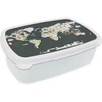 MuchoWow Broodtrommel Wit - Lunchbox - Brooddoos - Wereldkaart - Kinderen - Dieren - 18x12x6 cm - Volwassenen