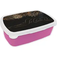 MuchoWow Broodtrommel Roze - Lunchbox - Brooddoos - Vrouw - Palmbladeren - Goud - Line art - 18x12x6 cm - Kinderen - Meisje