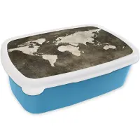 MuchoWow Broodtrommel Blauw - Lunchbox - Brooddoos - Wereldkaart - Vintage - Sepia - 18x12x6 cm - Kinderen - Jongen