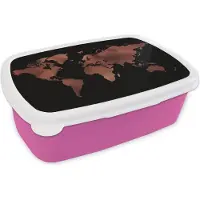 MuchoWow Broodtrommel Roze - Lunchbox - Brooddoos - Wereldkaart - Zwart - Rood - 18x12x6 cm - Kinderen - Meisje
