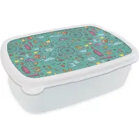 MuchoWow Broodtrommel Wit - Lunchbox - Brooddoos - Herfst - Patroon - Fiets - Regen - 18x12x6 cm - Volwassenen
