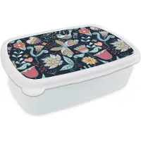 MuchoWow Broodtrommel Wit - Lunchbox - Brooddoos - Vlinder - Vogel - Bloem - Patroon - 18x12x6 cm - Volwassenen