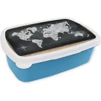 MuchoWow Broodtrommel Blauw - Lunchbox - Brooddoos - Wereldkaart - Schoolbord - Krijt - 18x12x6 cm - Kinderen - Jongen
