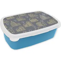 MuchoWow Broodtrommel Blauw - Lunchbox - Brooddoos - Patronen - Gebouwen - Goud - 18x12x6 cm - Kinderen - Jongen