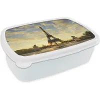 MuchoWow Broodtrommel Wit - Lunchbox - Brooddoos - De Eiffeltoren met een unieke oranje lucht door de laagstaande zon - 18x12x6 cm - Volwassenen