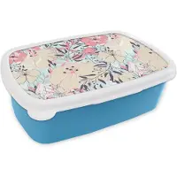 MuchoWow Broodtrommel Blauw - Lunchbox - Brooddoos - Vintage - Bloem - Roze - Patronen - 18x12x6 cm - Kinderen - Jongen