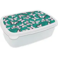 MuchoWow Broodtrommel Wit - Lunchbox - Brooddoos - Meisje - Vlinder - Dieren - Patronen - Girl - Kids - Kinderen - 18x12x6 cm - Volwassenen