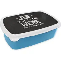 MuchoWow Broodtrommel Blauw - Lunchbox - Brooddoos - Quote - Juf bedankt - Leerkracht - Zwart - Juf wat voor werk doe jij eigenlijk? - Spreuken - 18x12x6 cm - Kinderen - Jongen