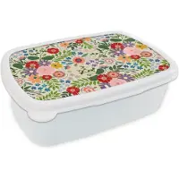 MuchoWow Broodtrommel Wit - Lunchbox - Brooddoos - Bladeren - Bloemen - Design - 18x12x6 cm - Volwassenen