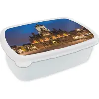 MuchoWow Broodtrommel Wit - Lunchbox - Brooddoos - Delft - Licht - Nacht - 18x12x6 cm - Volwassenen