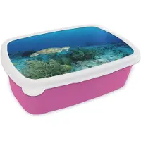 MuchoWow Broodtrommel Roze - Lunchbox - Brooddoos - Groene zeeschildpad op Bonaire - 18x12x6 cm - Kinderen - Meisje