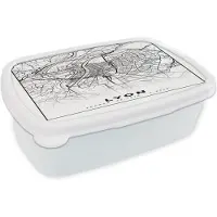 MuchoWow Broodtrommel Wit - Lunchbox - Brooddoos - Lyon - Stadskaart - Plattegrond - Kaart - Frankrijk - Zwart wit - 18x12x6 cm - Volwassenen
