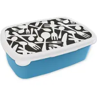 MuchoWow Broodtrommel Blauw - Lunchbox - Brooddoos - Bestek - Patronen - Zwart Wit - 18x12x6 cm - Kinderen - Jongen