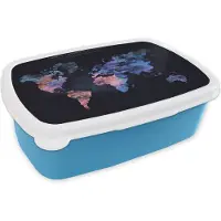 MuchoWow Broodtrommel Blauw - Lunchbox - Brooddoos - Wereldkaart - Verf - Vintage - 18x12x6 cm - Kinderen - Jongen