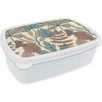 MuchoWow Broodtrommel Wit - Lunchbox - Brooddoos - Herfst - Patronen - Bladeren - 18x12x6 cm - Volwassenen