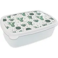 MuchoWow Broodtrommel Wit - Lunchbox - Brooddoos - Patronen - Cactus - Planten - Vetplant - 18x12x6 cm - Volwassenen