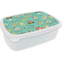 MuchoWow Broodtrommel Wit - Lunchbox - Brooddoos - Patroon - Kinderen - Auto - Vogel - 18x12x6 cm - Volwassenen