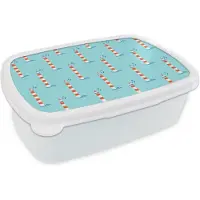 MuchoWow Broodtrommel Wit - Lunchbox - Brooddoos - Vuurtoren - Blauw - Strand - Patronen - 18x12x6 cm - Volwassenen