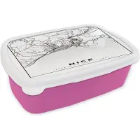 MuchoWow Broodtrommel Roze - Lunchbox - Brooddoos - Kaart - Nice - Plattegrond - Frankrijk - Stadskaart - Zwart wit - 18x12x6 cm - Kinderen - Meisje