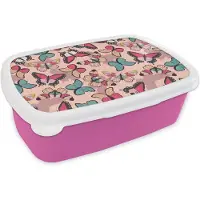 MuchoWow Broodtrommel Roze - Lunchbox - Brooddoos - Vlinder - Roze - Blauw - Design - 18x12x6 cm - Kinderen - Meisje