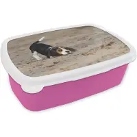 MuchoWow Broodtrommel Roze - Lunchbox - Brooddoos - Een jonge Beagle puppy speelt in het zand - 18x12x6 cm - Kinderen - Meisje