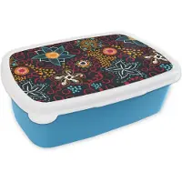 MuchoWow Broodtrommel Blauw - Lunchbox - Brooddoos - Bloemen - Rood - Patronen - 18x12x6 cm - Kinderen - Jongen