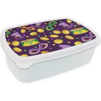 MuchoWow Broodtrommel Wit - Lunchbox - Brooddoos - Carnaval - Feest - Paars - Patronen - 18x12x6 cm - Volwassenen