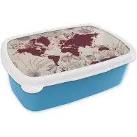 MuchoWow Broodtrommel Blauw - Lunchbox - Brooddoos - Wereldkaart - Rood - Bloemen - 18x12x6 cm - Kinderen - Jongen