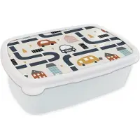 MuchoWow Broodtrommel Wit - Lunchbox - Brooddoos - Design - Jongens - Auto - Kinderen - 18x12x6 cm - Volwassenen