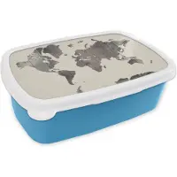 MuchoWow Broodtrommel Blauw - Lunchbox - Brooddoos - Wereldkaart - Hout - Grijs - 18x12x6 cm - Kinderen - Jongen