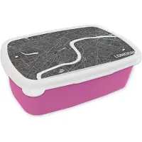 MuchoWow Broodtrommel Roze - Lunchbox - Brooddoos - Kaart - Londen - Minimalisme - Zwart - Wit - 18x12x6 cm - Kinderen - Meisje