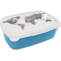 MuchoWow Broodtrommel Blauw - Lunchbox - Brooddoos - Wereldkaart in grijstinten - zwart wit - 18x12x6 cm - Kinderen - Jongen